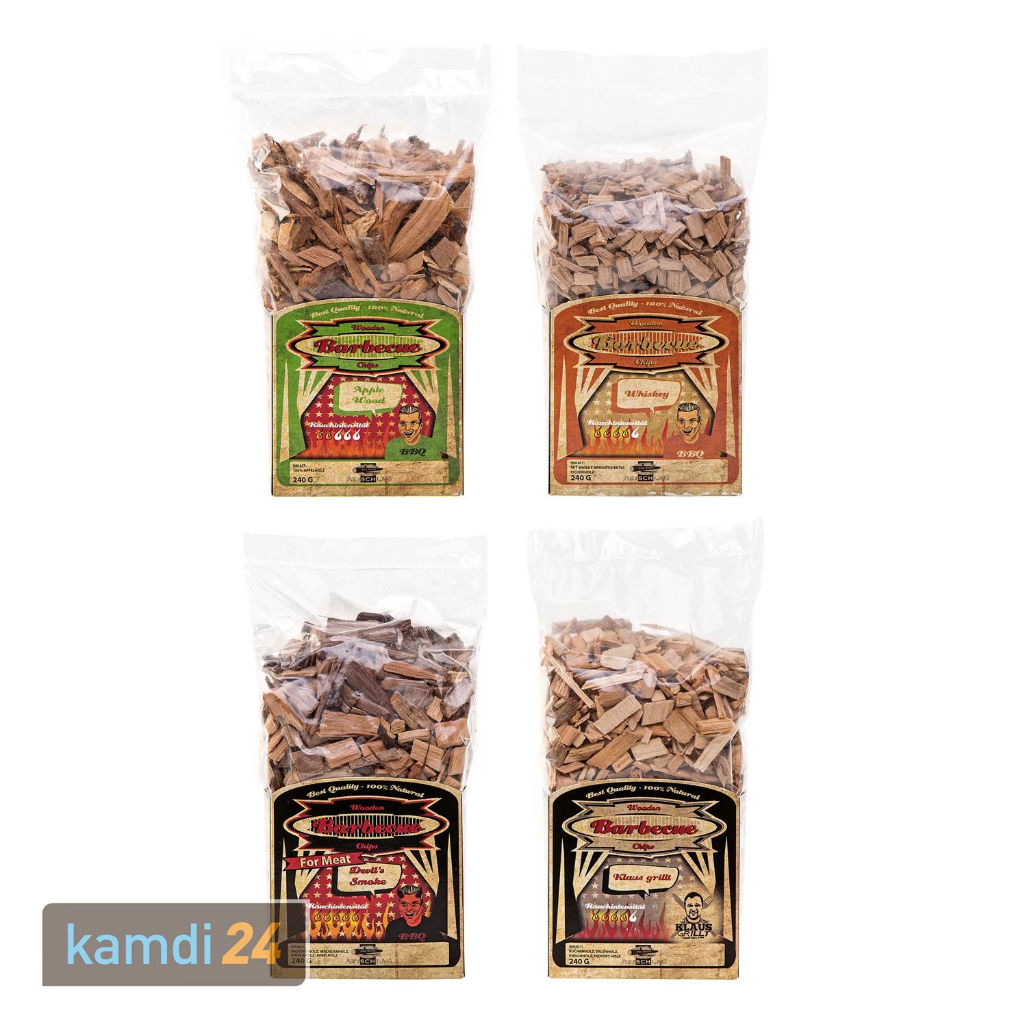 Axtschlag Wood Smoking Chips 4er-Set: Apfel, Whisky-Eiche, Devil´s Smoke & Klaus Grillt 1 Axtschlag Wood Smoking Chips 4er-Set: Apfel, Whisky-Eiche, Devil´s Smoke & Klaus Grillt