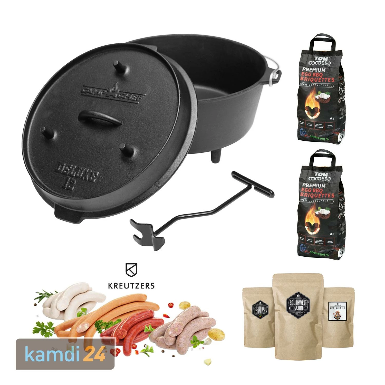 Camp Chef Deluxe Dutch Oven DO-12 Mit 6 Kg TOM COCO Kokoskohle, Ankerkraut-Gewürzen & Kreutzers Premium Wurst-Paket 1 Camp Chef Deluxe Dutch Oven DO-12 Mit 6 Kg TOM COCO Kokoskohle, Ankerkraut-Gewürzen & Kreutzers Premium Wurst-Paket