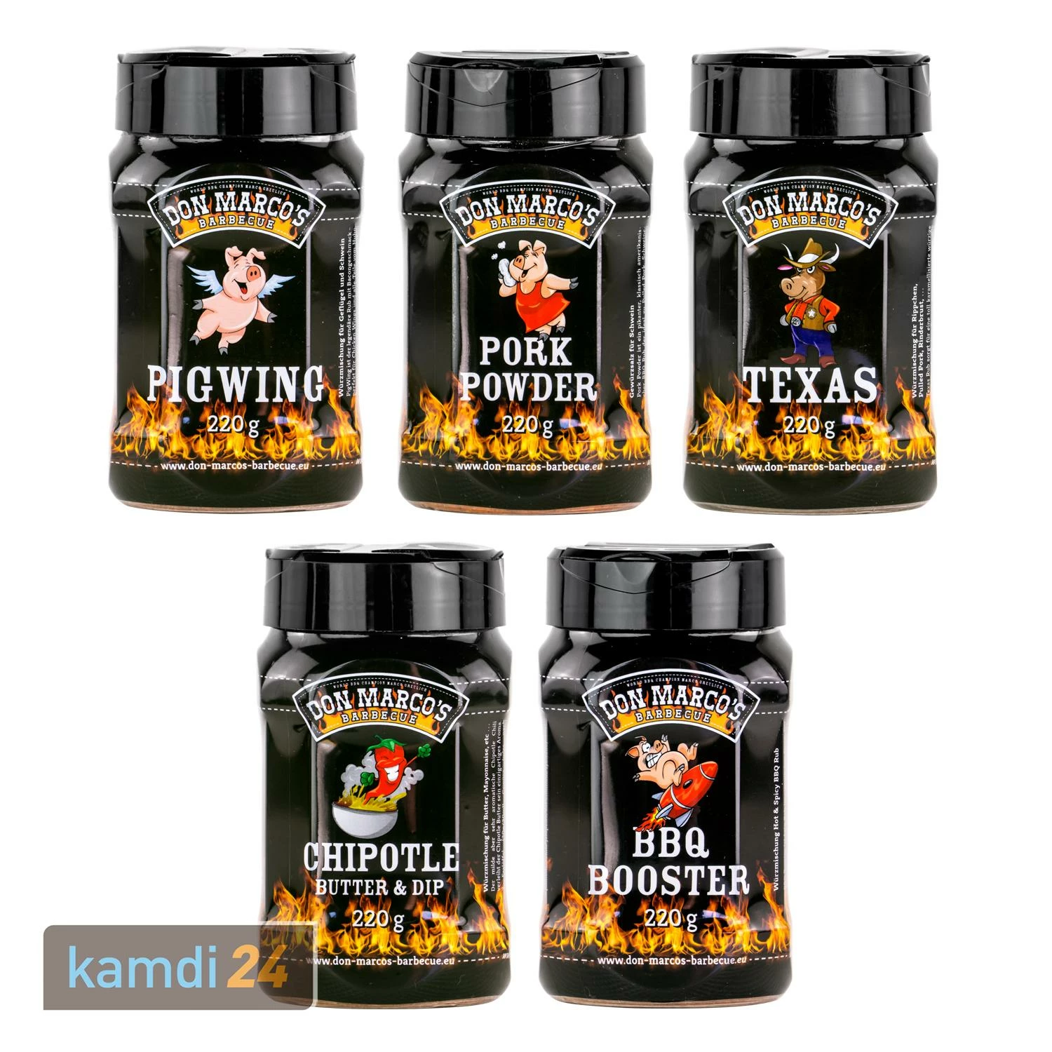 Don Marco´s Rub-Set: PigWing® Seasoning, Pork Powder, Texas Style, Chipotle Butter & Dip Seasoning, BBQ-Booster 1 Don Marco´s Rub-Set: PigWing® Seasoning, Pork Powder, Texas Style, Chipotle Butter & Dip Seasoning, BBQ-Booster