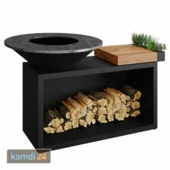 OFYR Island Black 100 Grill & Feuerstelle Mit Arbeitsplatte Teakholz