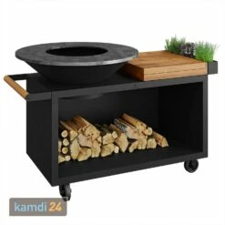 OFYR Island Black 100 PRO Grill & Feuerstelle Mit Arbeitsplatte Teakholz