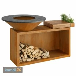 OFYR Island Corten 100 Grill & Feuerstelle Mit Arbeitsplatte Teakholz