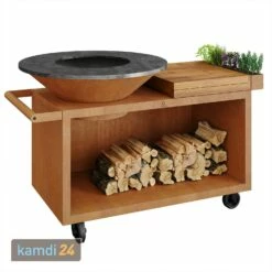 OFYR Island Corten 100 PRO Grill & Feuerstelle Mit Arbeitsplatte Teakholz