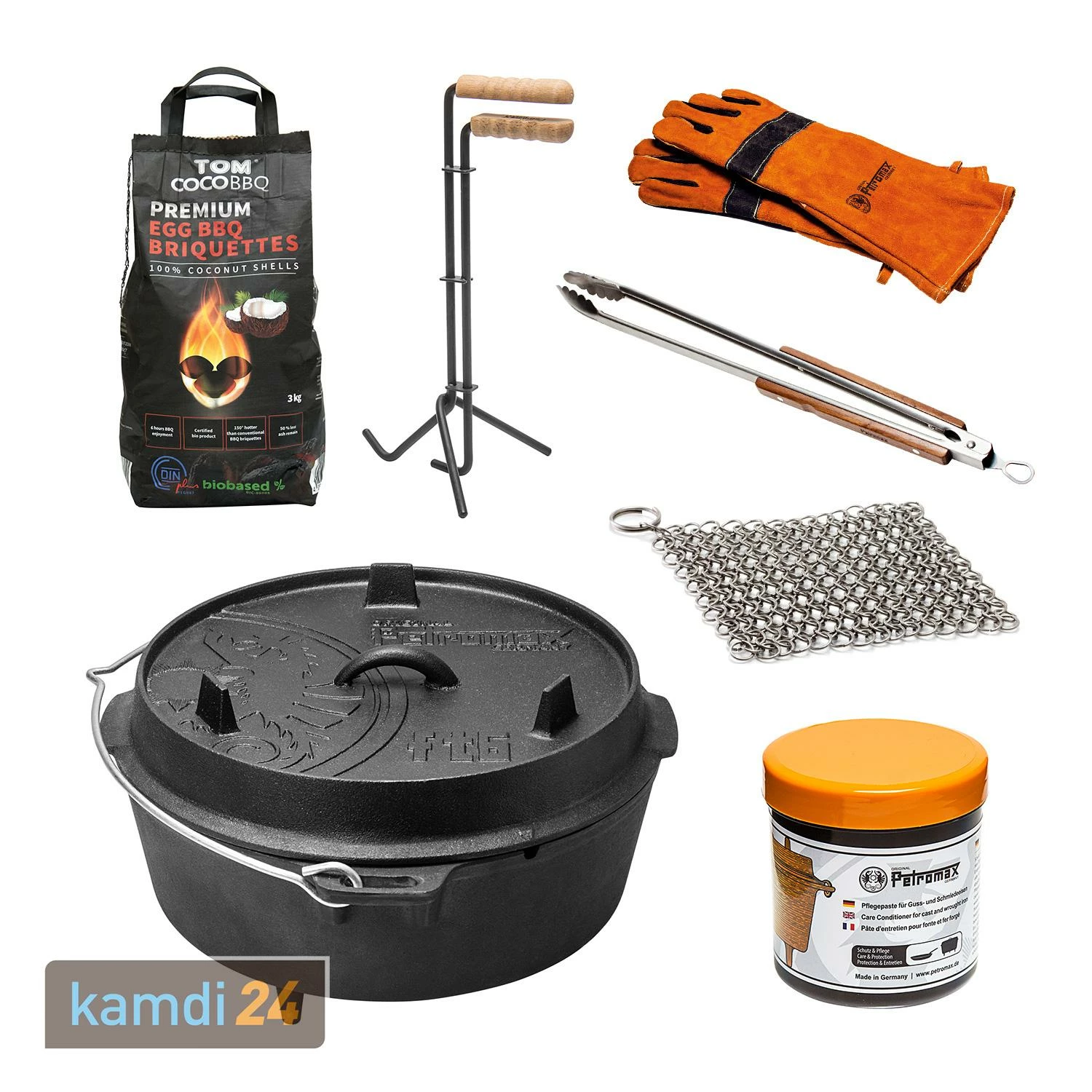 Petromax Feuertopf Ft6 Set Mit 3 Kg TOM COCO Grill-Briketts, Deckelheber, Grillzange, Reiniger Und Handschuhen 1 Petromax Feuertopf Ft6 Set Mit 3 Kg TOM COCO Grill-Briketts, Deckelheber, Grillzange, Reiniger Und Handschuhen
