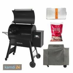 Traeger IRONWOOD 885 Pellet Grill Schwarz Inkl. Abdeckhaube, Ablaufblech-Schutzfolie Und Hartholz Pellets Cherry 9 Kg