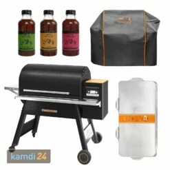 Traeger TIMBERLINE 1300 Pelletgrill Inkl. Abdeckhaube, Schutzfolie + BBQ Soße 3er-Set (Sweet & Heat, Traeger'Que, Sugar Lips)